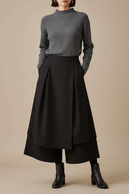 Pantalon Jupe Noir Plissé Superposé Ample Femme - Laine