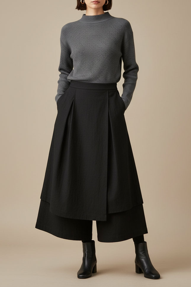 Pantalon Jupe Noir Plissé Superposé Ample Femme - Laine