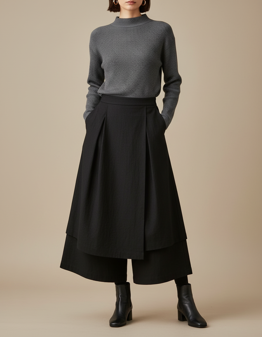Pantalon Jupe Noir Plissé Superposé Ample Femme - Laine