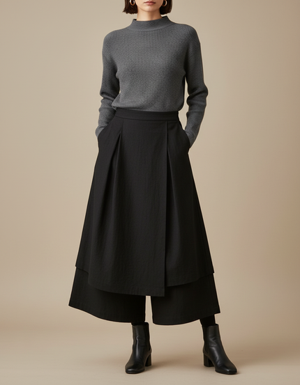 Pantalon Jupe Noir Plissé Superposé Ample Femme - Laine