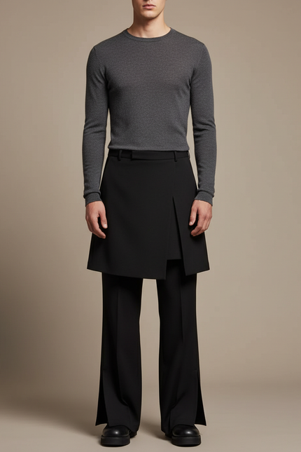 Pantalon Jupe Noir Asymétrique Superposé Moderne - Gabardine