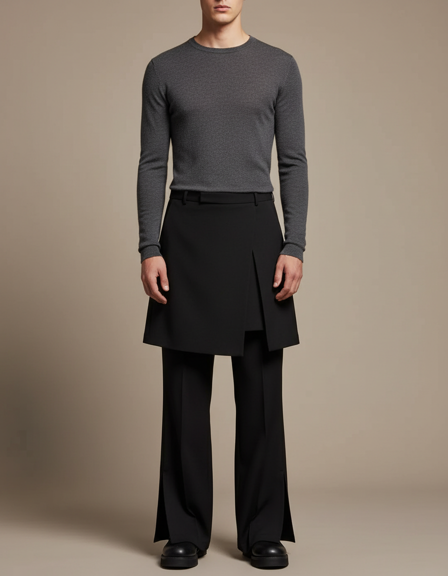 Pantalon Jupe Noir Asymétrique Superposé Moderne - Gabardine