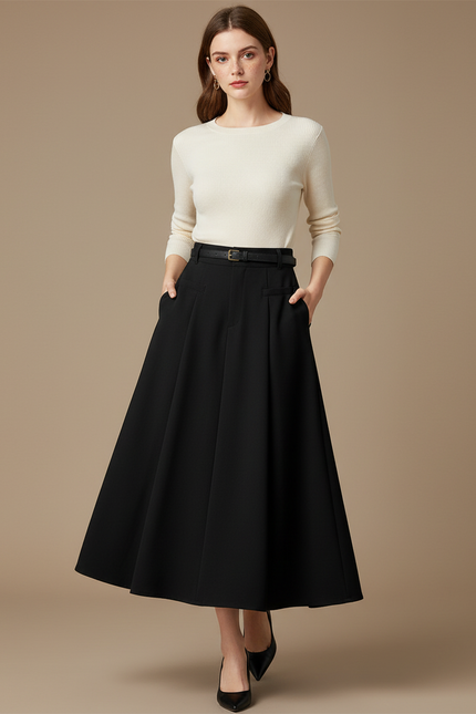 Pantalon Jupe Noir Plissé Long Évasé Élégant Ceinturé - Gabardine