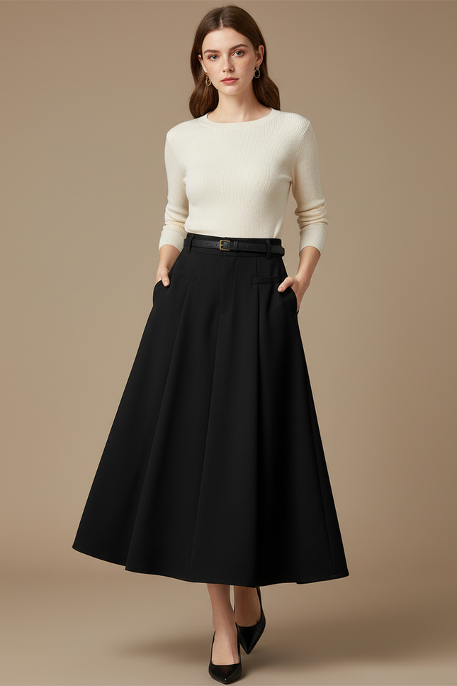 Pantalon Jupe Noir Plissé Long Évasé Élégant Ceinturé - Gabardine