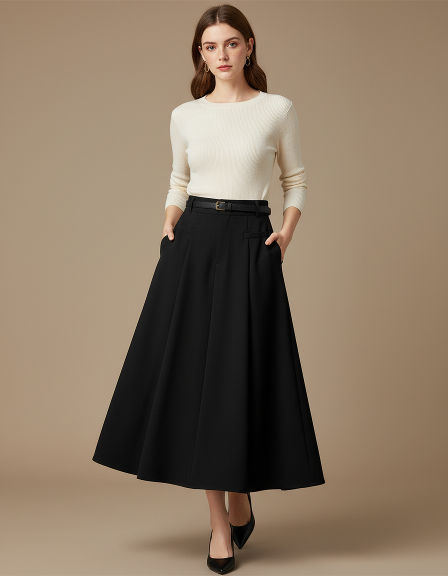Pantalon Jupe Noir Plissé Long Évasé Élégant Ceinturé - Gabardine