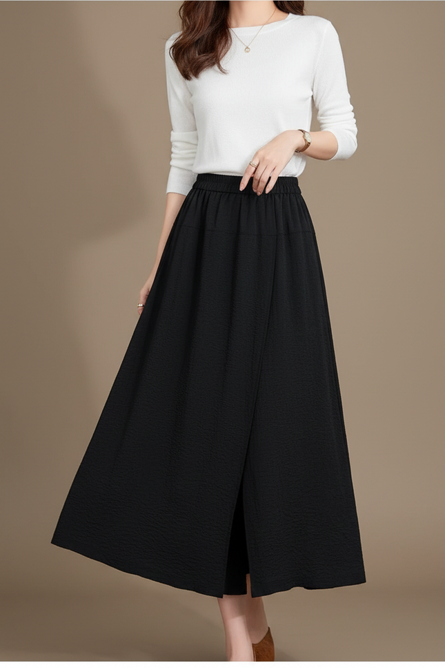Pantalon Jupe Noir Fluide Ample Fendu Élégant - Polyester