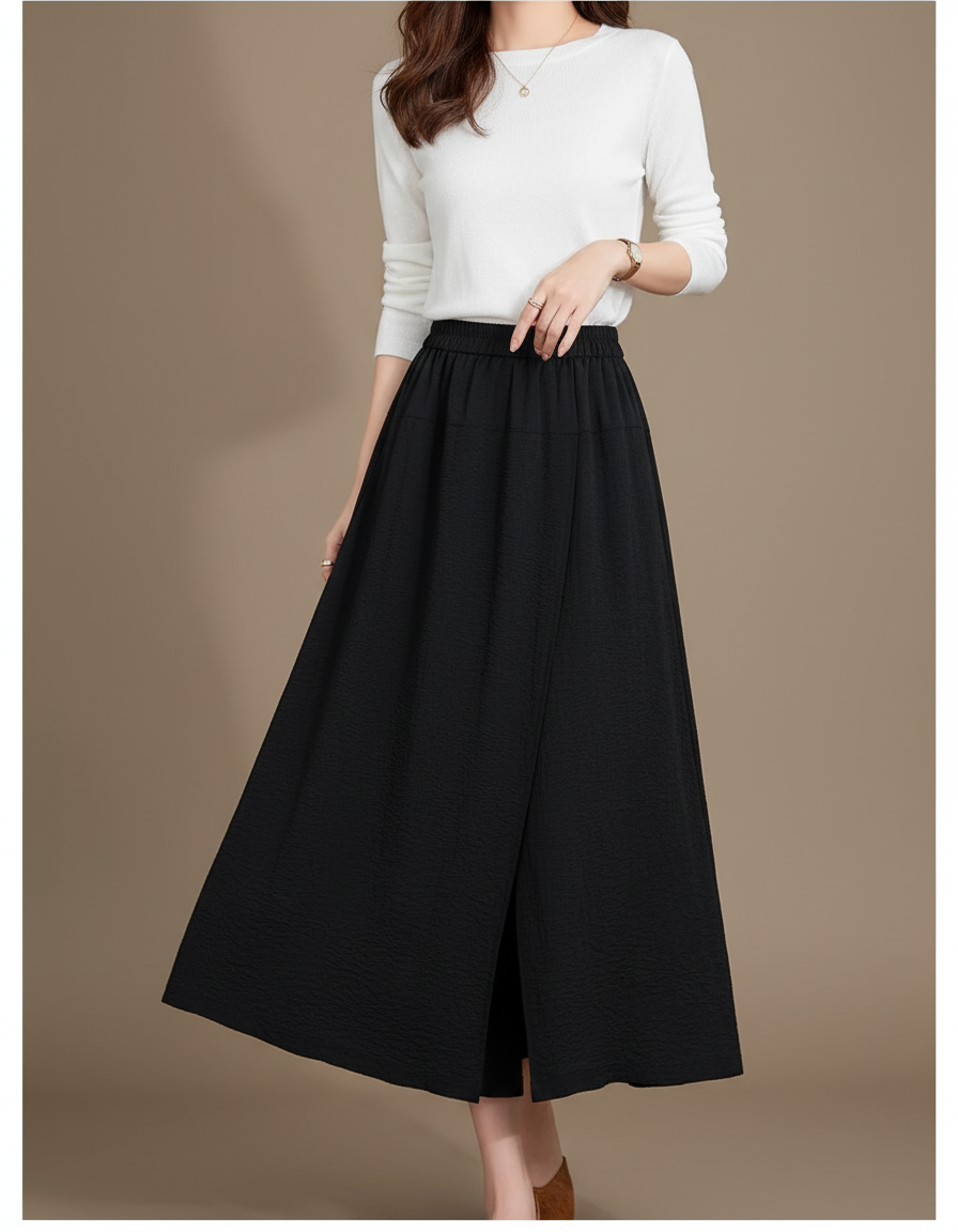 Pantalon Jupe Noir Fluide Ample Fendu Élégant - Polyester