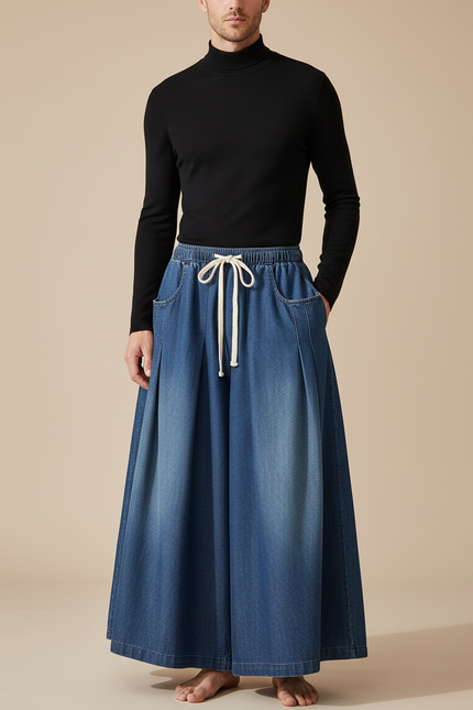 Pantalon Jupe Denim Ample Plissé Décontracté Homme - Bleu Jean