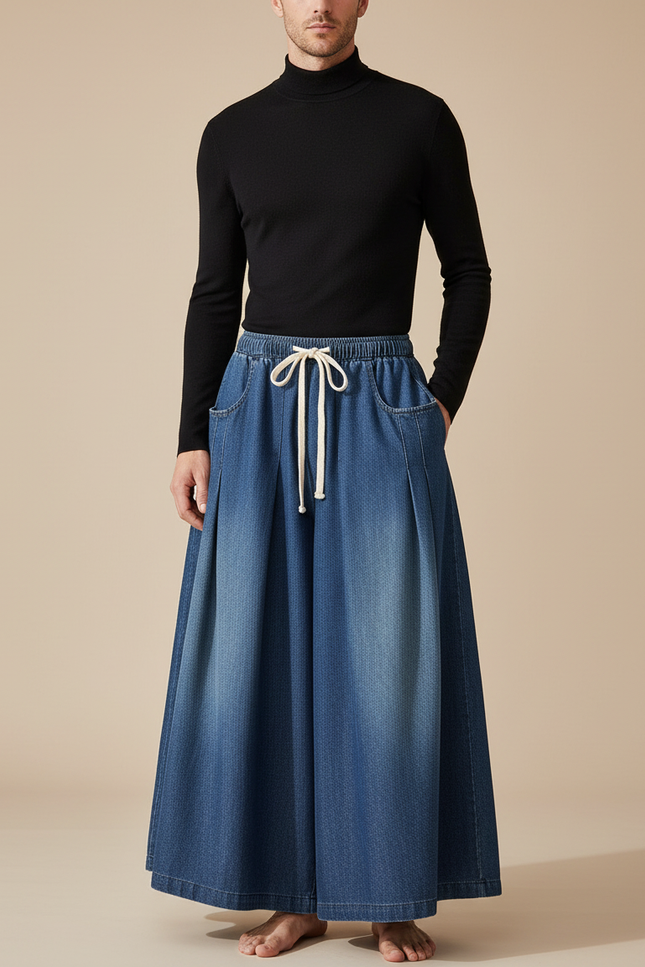 Pantalon Jupe Denim Ample Plissé Décontracté Homme - Bleu Jean
