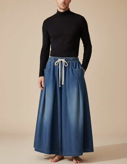 Pantalon Jupe Denim Ample Plissé Décontracté Homme - Bleu Jean