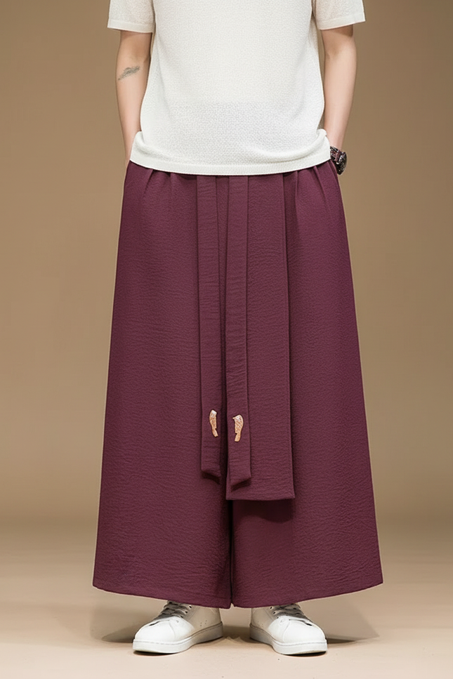 Pantalon Jupe Ample Bordeaux Plissé Homme Coton