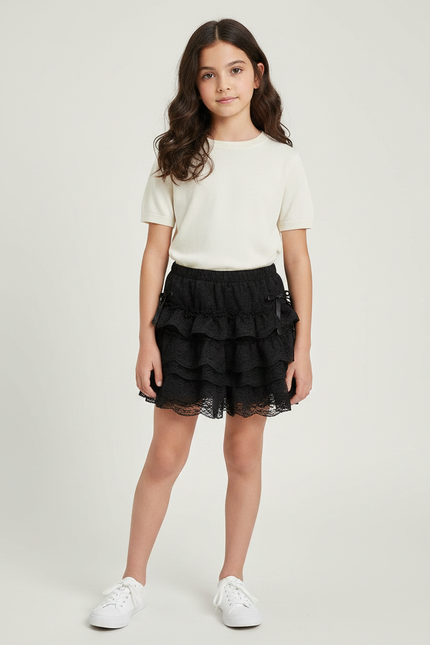 Pantalon Jupe Noir Dentelle Volants Nœuds Fille - Polyester