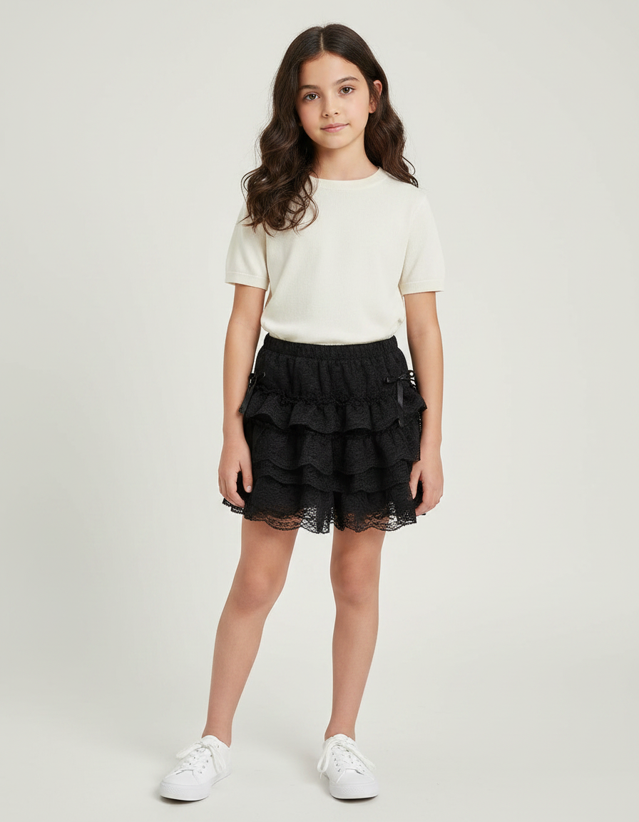 Pantalon Jupe Noir Dentelle Volants Nœuds Fille - Polyester