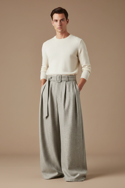 Pantalon Jupe Gris Ample Plissé Ceinturé Décontracté - Tweed
