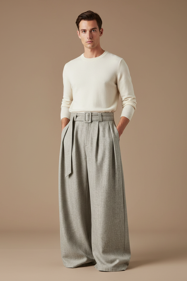 Pantalon Jupe Gris Ample Plissé Ceinturé Décontracté - Tweed