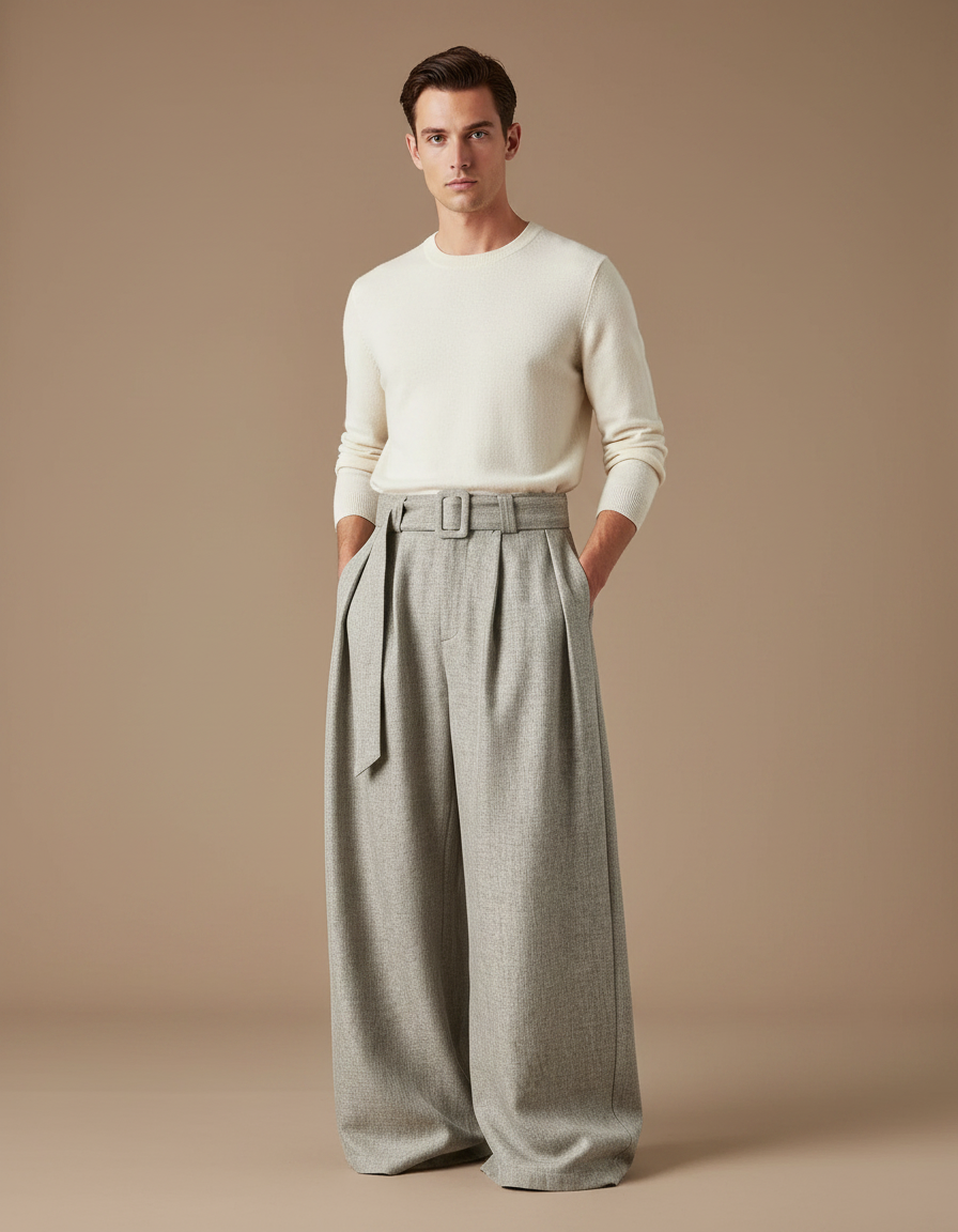 Pantalon Jupe Gris Ample Plissé Ceinturé Décontracté - Tweed