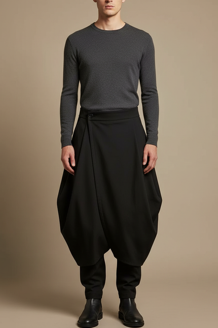 Pantalon Jupe Noir Ample Déstructuré Asymétrique Homme - Polyester