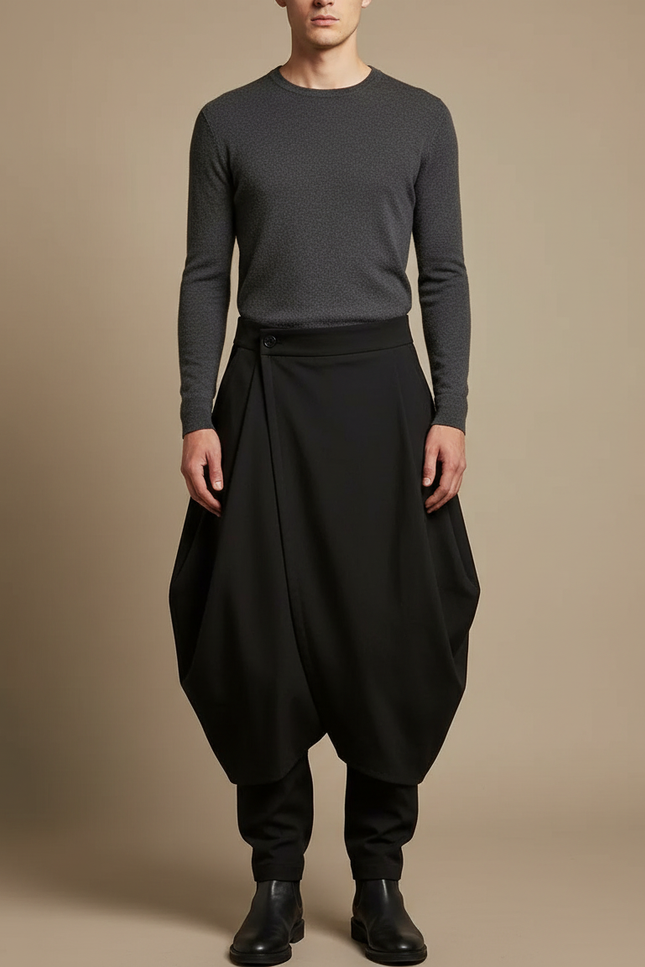 Pantalon Jupe Noir Ample Déstructuré Asymétrique Homme - Polyester