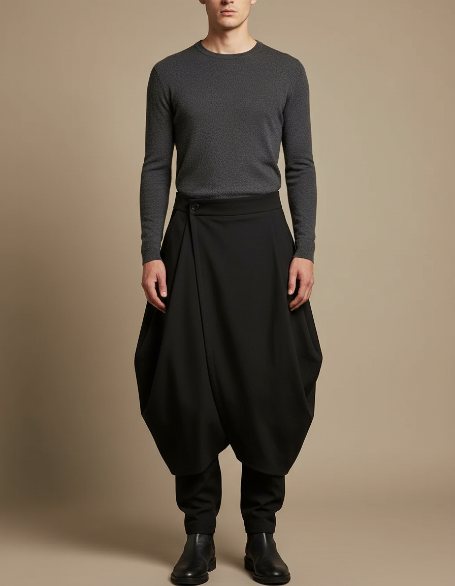 Pantalon Jupe Noir Ample Déstructuré Asymétrique Homme - Polyester