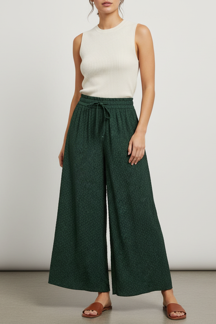 Pantalon Jupe Vert Imprimé Fluide Ample Élégant - Polyester