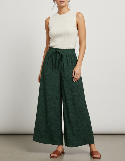 Pantalon Jupe Vert Imprimé Fluide Ample Élégant - Polyester