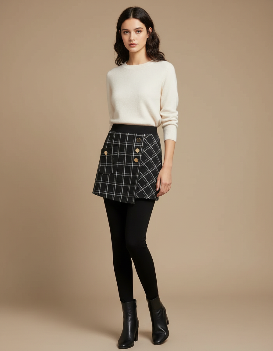 Pantalon Jupe Noir Plaid Asymétrique Hiver Élégant - Polyester