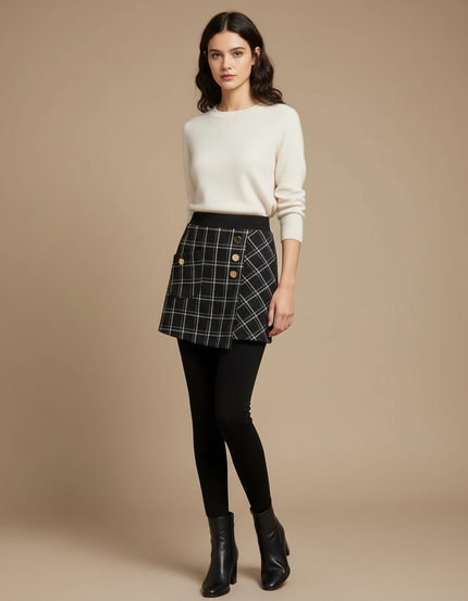 Pantalon Jupe Noir Plaid Asymétrique Hiver Élégant - Polyester