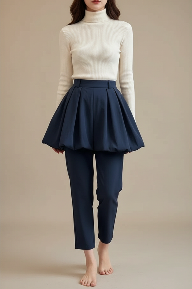 Pantalon Jupe Marine Plissé Ample Élégant Femme - Polyester