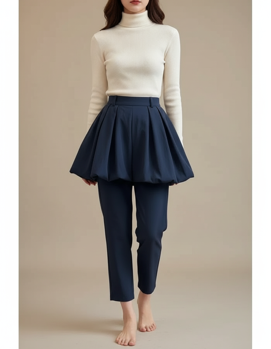 Pantalon Jupe Marine Plissé Ample Élégant Femme - Polyester