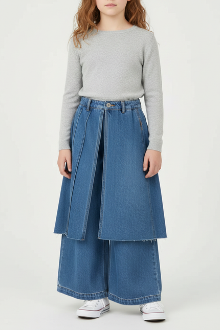 Pantalon Jupe Denim Bleu Ample Superposé Décontracté Fille - Jean