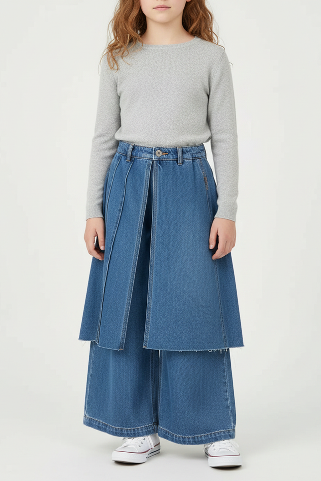 Pantalon Jupe Denim Bleu Ample Superposé Décontracté Fille - Jean