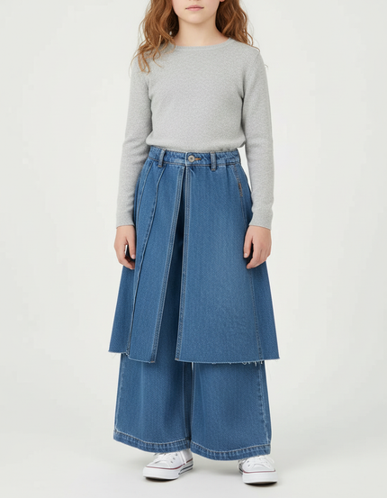 Pantalon Jupe Denim Bleu Ample Superposé Décontracté Fille - Jean