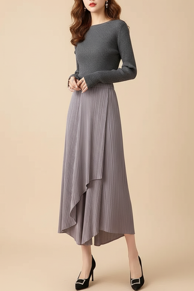 Pantalon Jupe Plissé Asymétrique Gris Décontracté Fluide - Maille