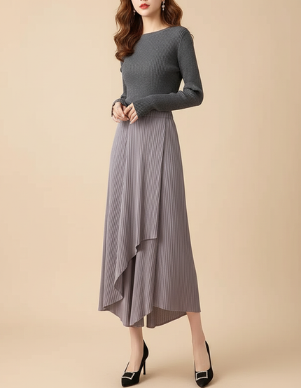 Pantalon Jupe Plissé Asymétrique Gris Décontracté Fluide - Maille