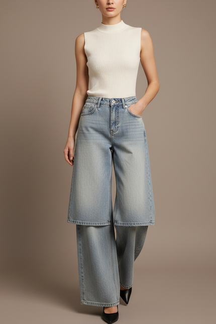 Pantalon Jupe Jean Bleu Clair Superposé Ample