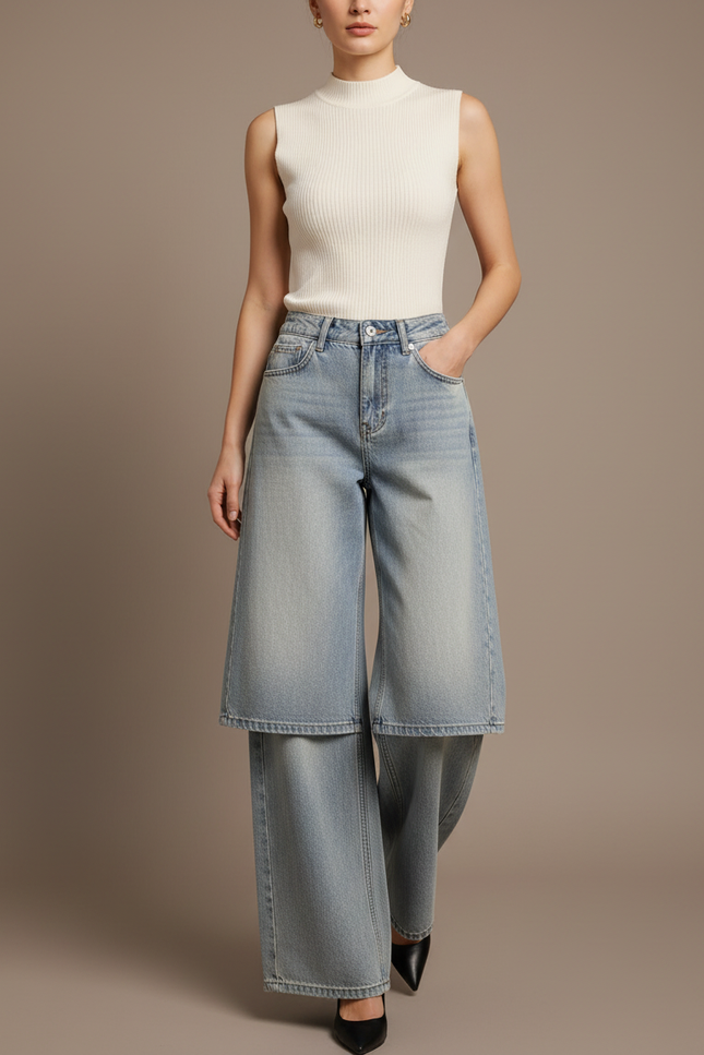 Pantalon Jupe Jean Bleu Clair Superposé Ample