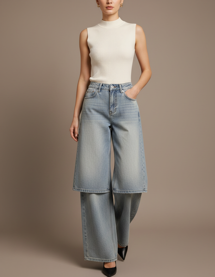 Pantalon Jupe Jean Bleu Clair Superposé Ample