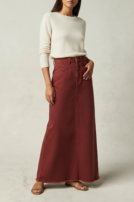 Pantalon Jupe Marron Maxi Denim Taille Haute - Bordeaux Jean