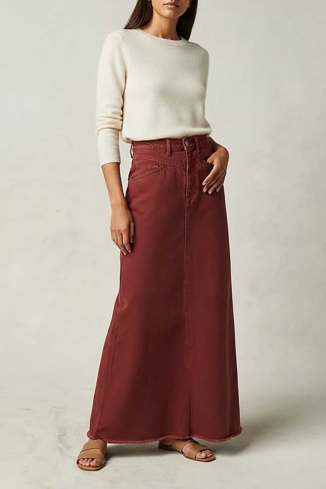 Pantalon Jupe Marron Maxi Denim Taille Haute - Bordeaux Jean