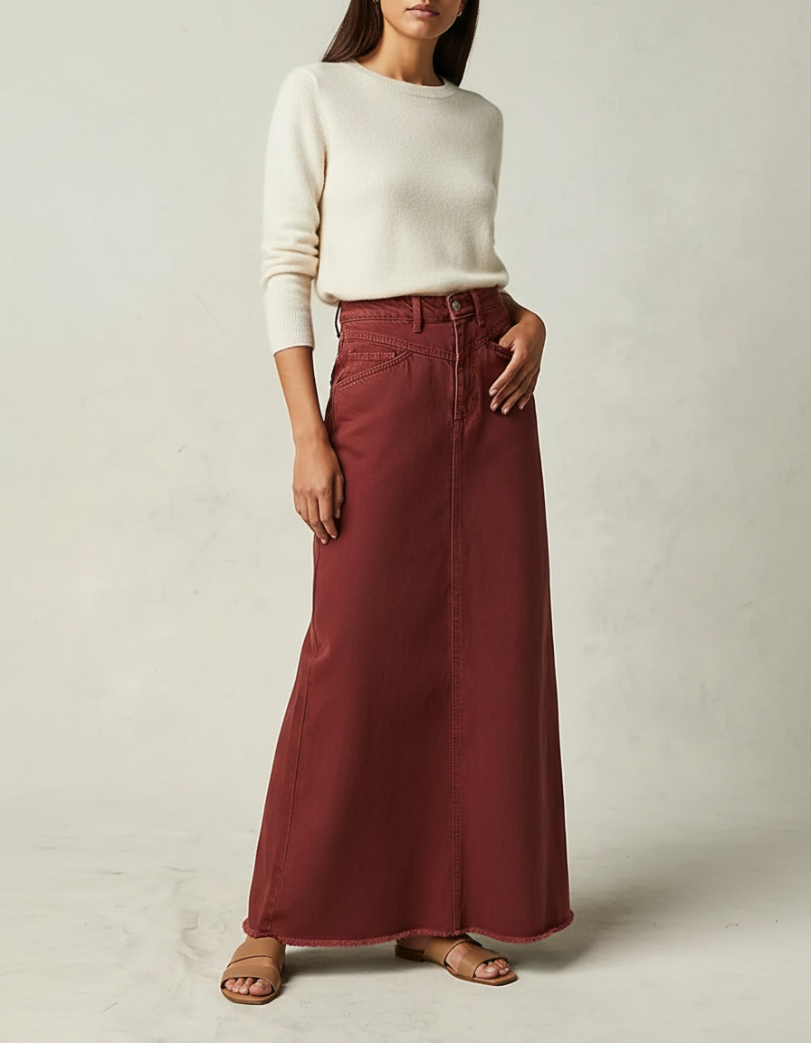 Pantalon Jupe Marron Maxi Denim Taille Haute - Bordeaux Jean