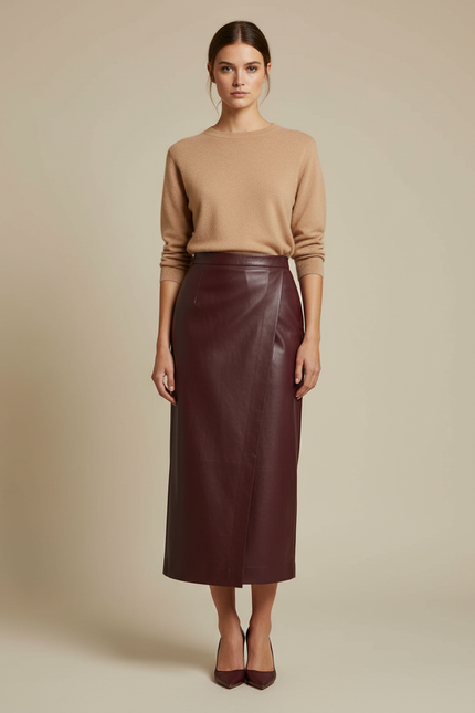 Pantalon Jupe Similicuir Bordeaux Mi-Longue Élégante Fendue - Simili cuir