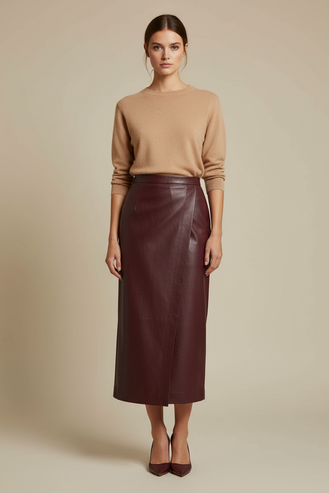 Pantalon Jupe Similicuir Bordeaux Mi-Longue Élégante Fendue - Simili cuir