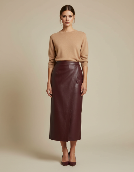 Pantalon Jupe Similicuir Bordeaux Mi-Longue Élégante Fendue - Simili cuir