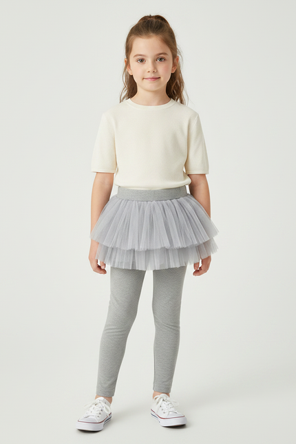 Pantalon Jupe Gris Tutu Superposé Confortable Fille - Coton
