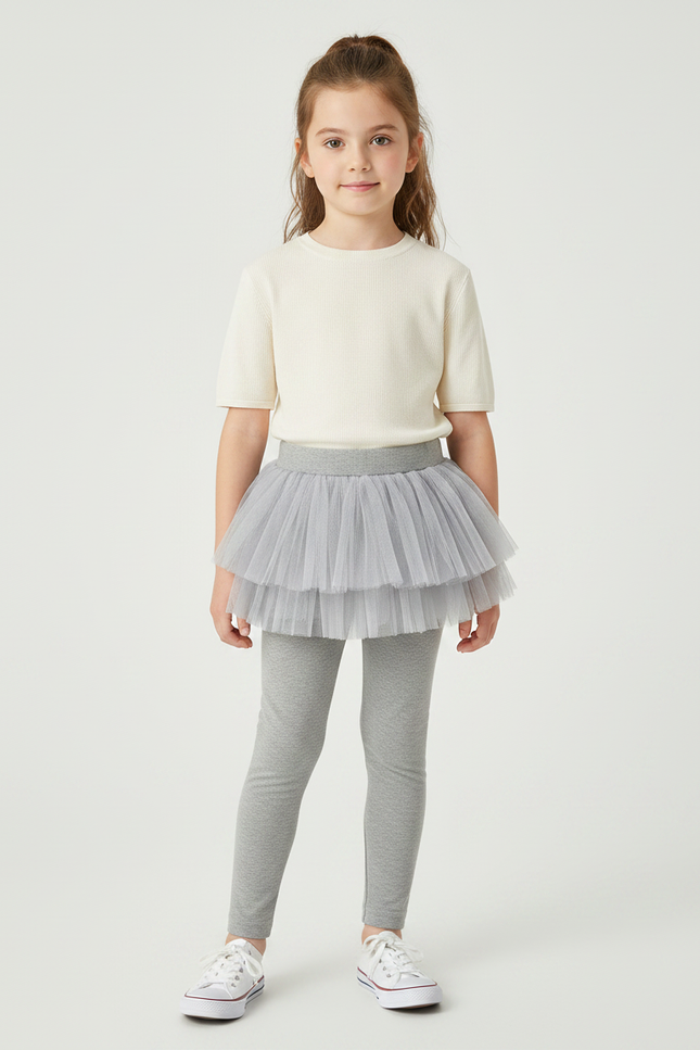 Pantalon Jupe Gris Tutu Superposé Confortable Fille - Coton