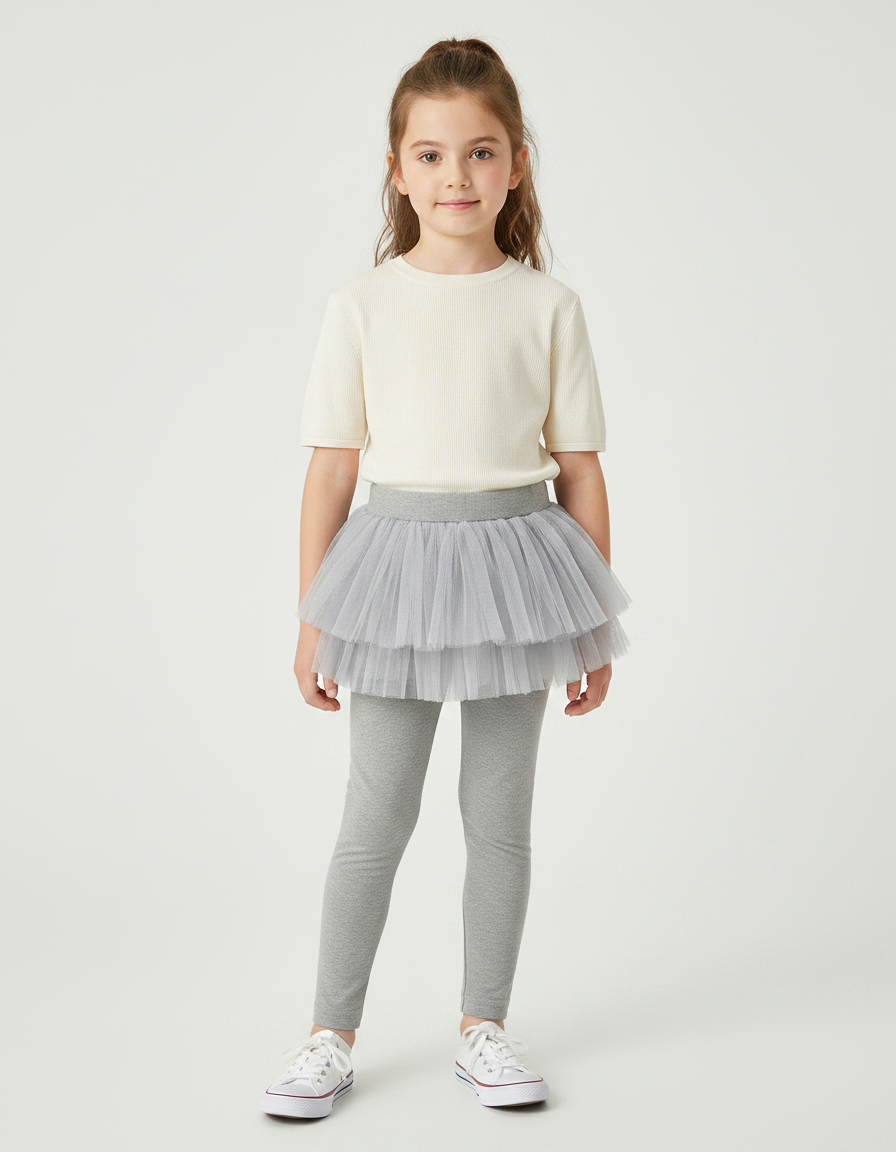 Pantalon Jupe Gris Tutu Superposé Confortable Fille - Coton