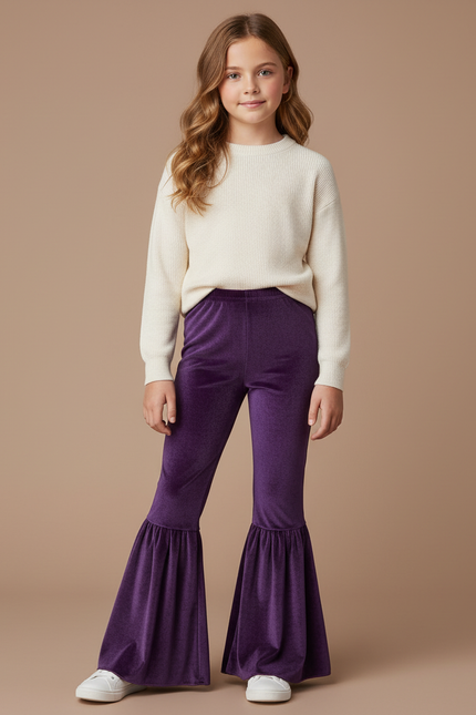 Pantalon Jupe Velours Violet Évasé Volants Fille