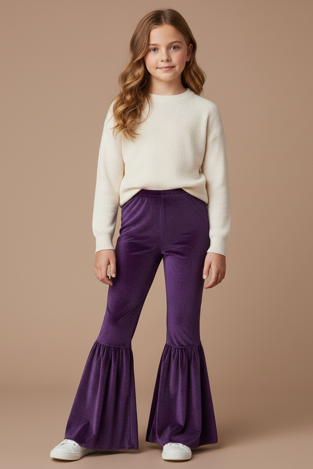Pantalon Jupe Velours Violet Évasé Volants Fille