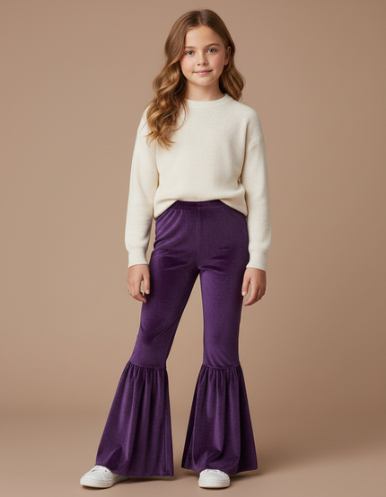 Pantalon Jupe Velours Violet Évasé Volants Fille