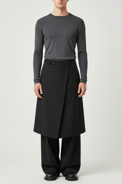 Pantalon Jupe Noir Superposé Ample Urbain Élégant - Gabardine